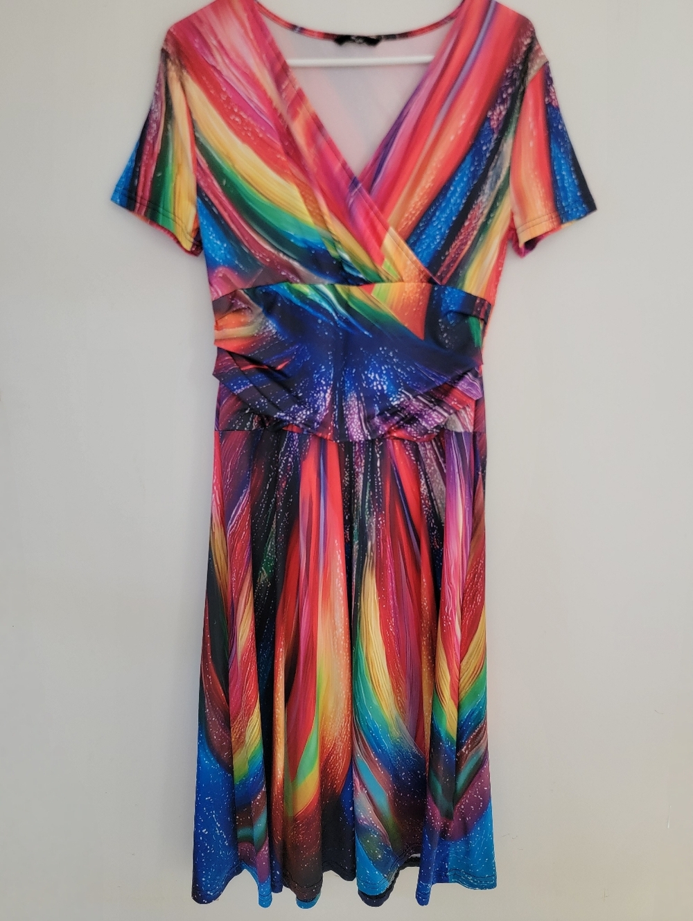 Shall We Vibrant Rainbow Multicolor Wrap Midi Dress Small